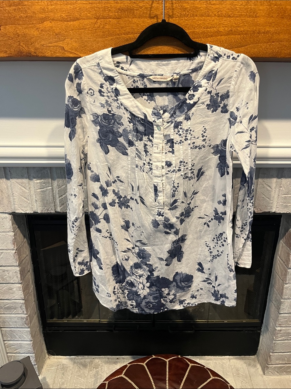 Soft Surroundings White & Navy Floral Henley Long Sleeve Top